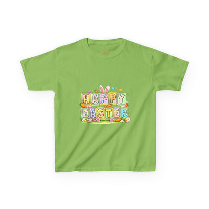 BGSM Kids T-Shirt - "Happy Easter" Colorful Block Letters Tee (Back BGSM Watercolor Accent)