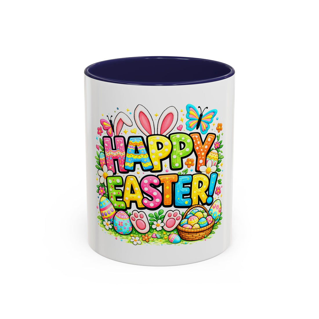 BGSM Easter Coffee Mug — Colorful "Happy Easter" Bunny &amp; Eggs Accent Mug (11/15oz)