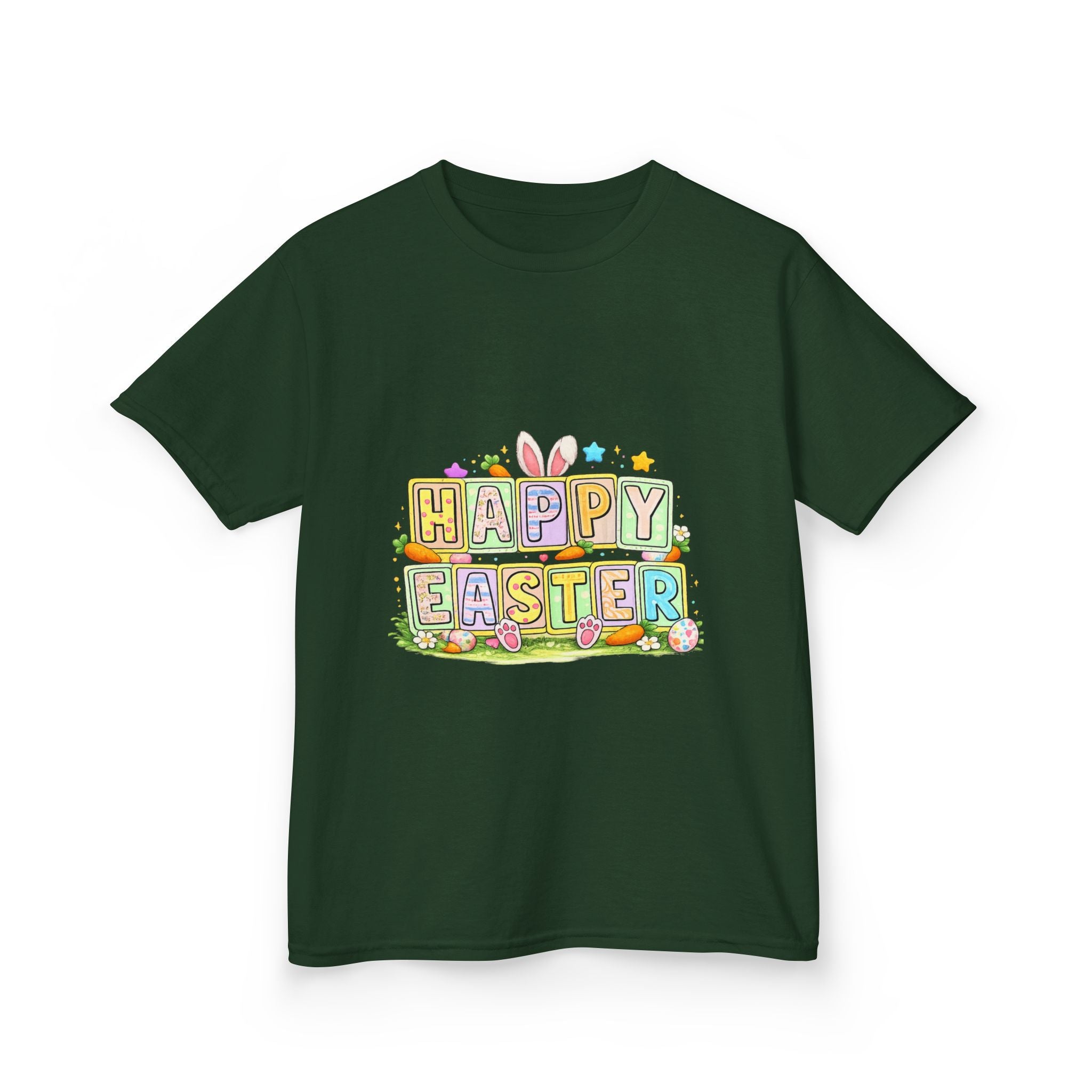 BGSM Kids T-Shirt - "Happy Easter" Colorful Block Letters Tee (Back BGSM Watercolor Accent)