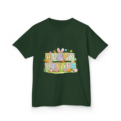BGSM Kids T-Shirt - "Happy Easter" Colorful Block Letters Tee (Back BGSM Watercolor Accent)