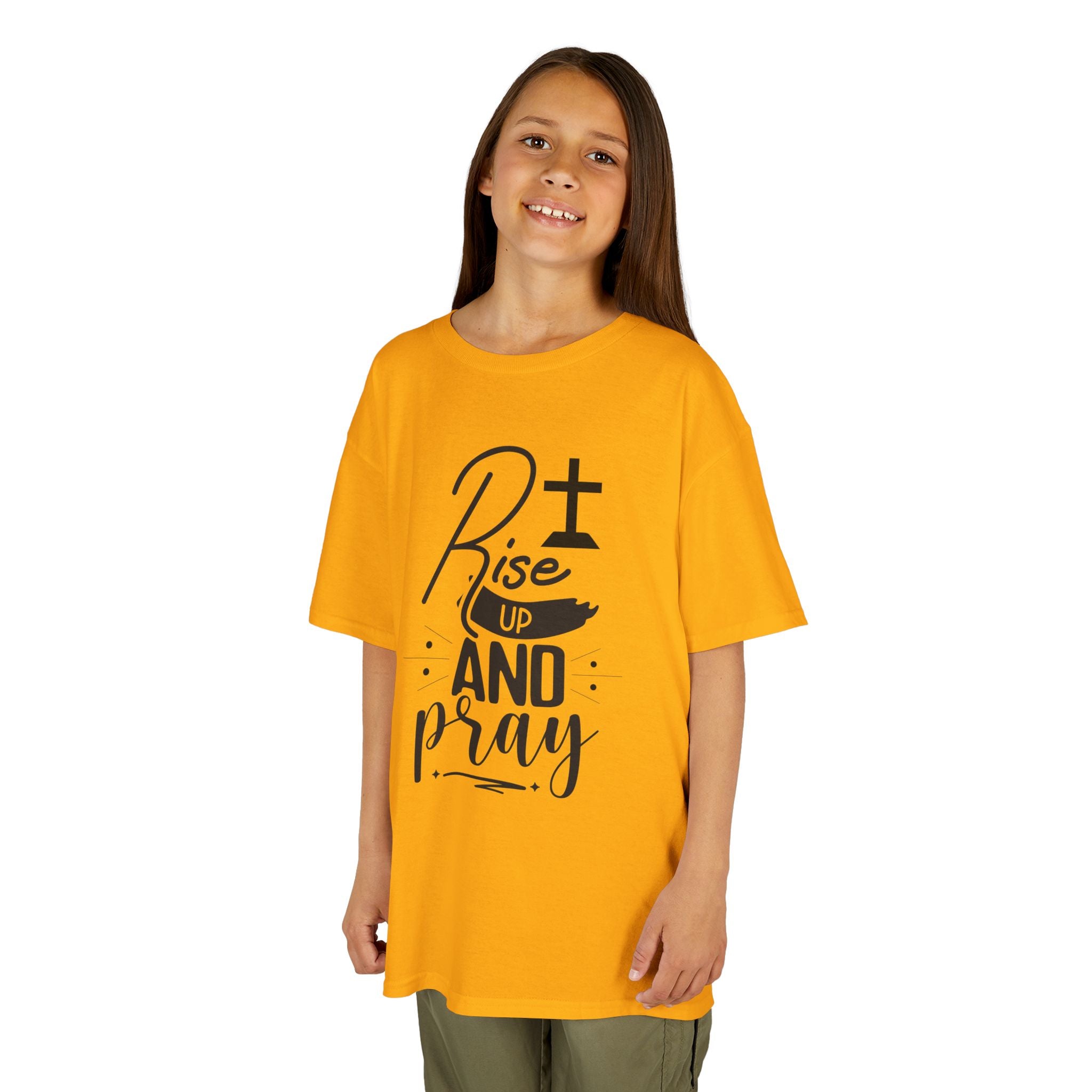 Kids Tee — "Rise Up and Pray" Christian Prayer Shirt with BGSM Back Logo