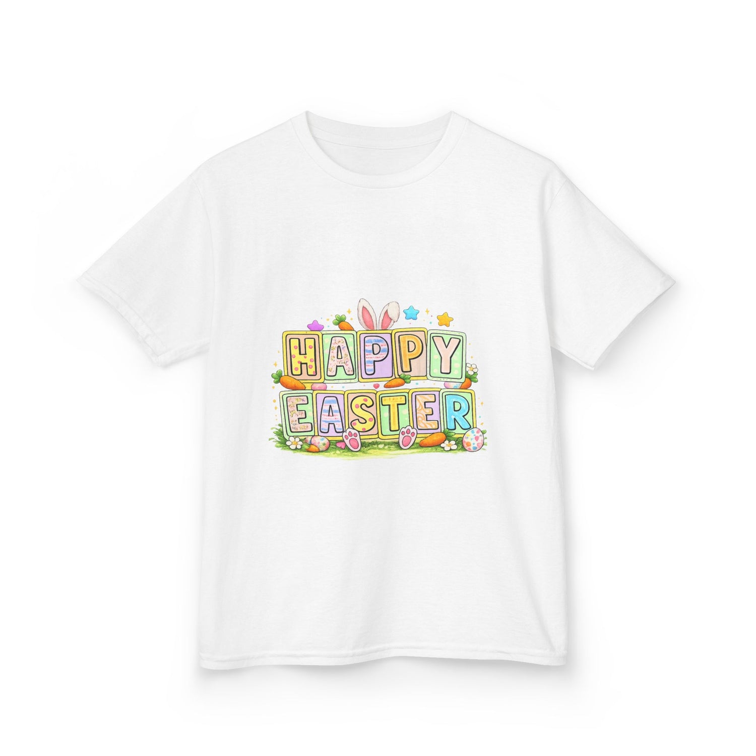 BGSM Kids T-Shirt - "Happy Easter" Colorful Block Letters Tee (Back BGSM Watercolor Accent)