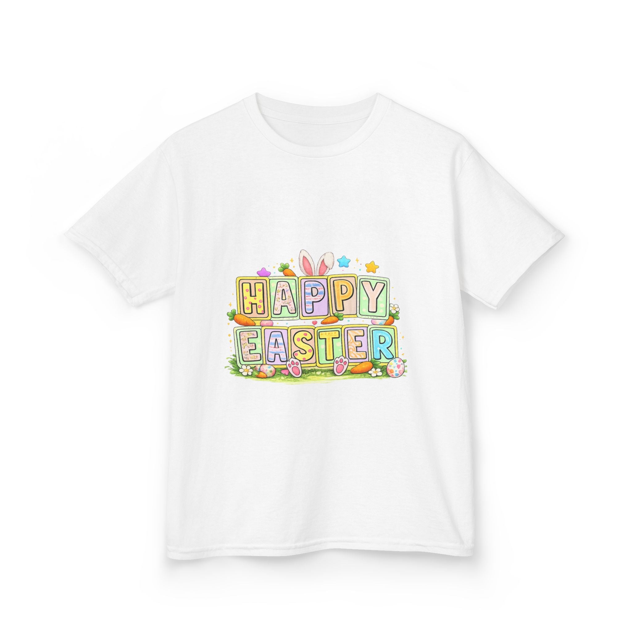 BGSM Kids T-Shirt - "Happy Easter" Colorful Block Letters Tee (Back BGSM Watercolor Accent)