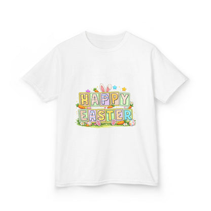 BGSM Kids T-Shirt - "Happy Easter" Colorful Block Letters Tee (Back BGSM Watercolor Accent)