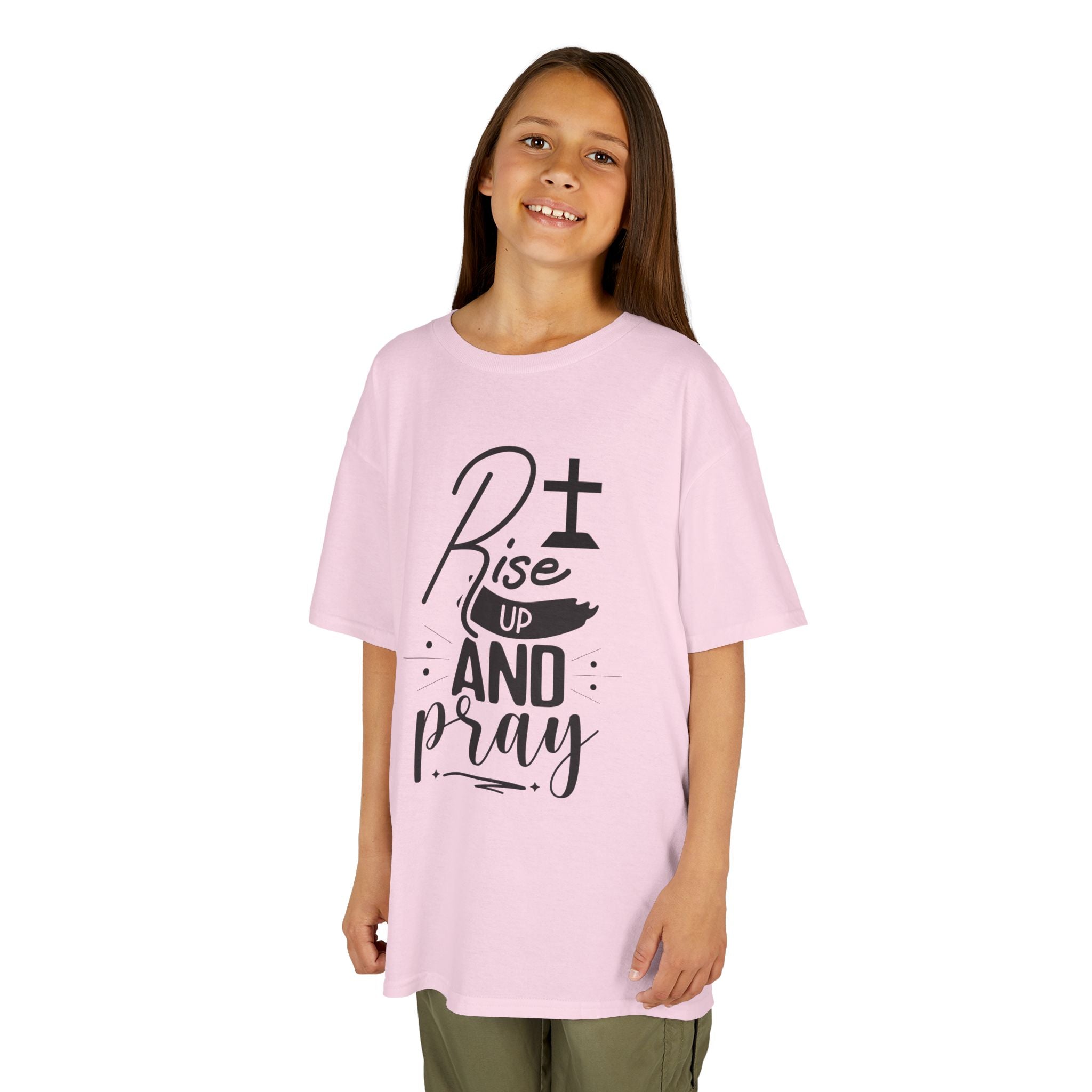 Kids Tee — "Rise Up and Pray" Christian Prayer Shirt with BGSM Back Logo