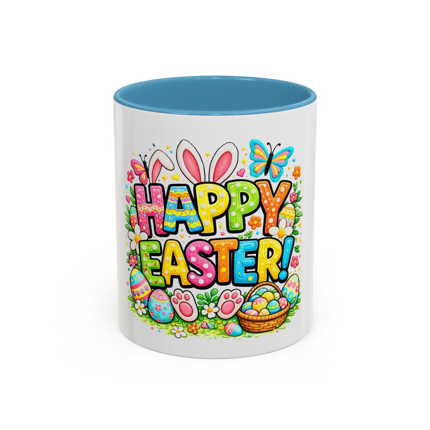BGSM Happy Easter Coffee Mug - Colorful Bunny &amp; Egg Basket Accent Mug (11/15oz)