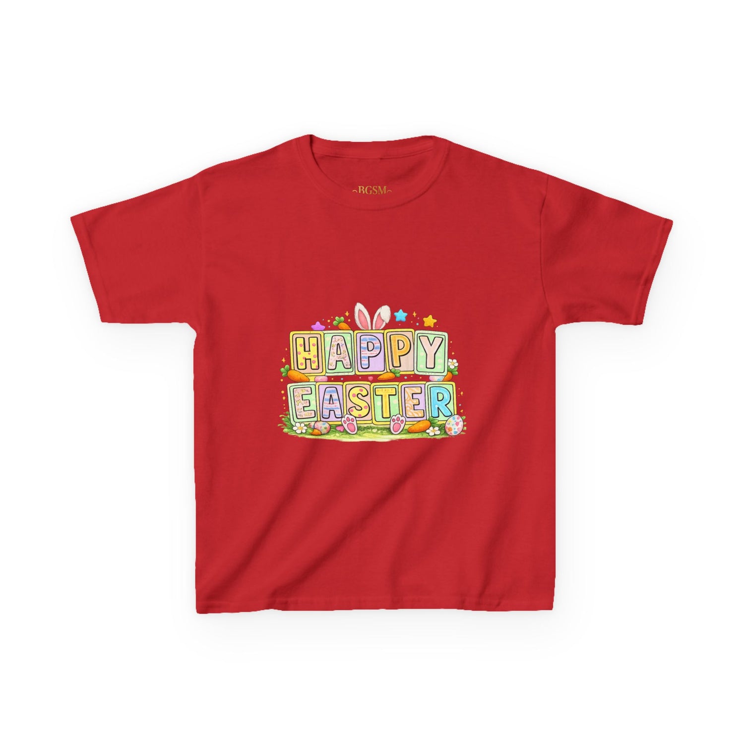 BGSM Kids T-Shirt - "Happy Easter" Colorful Block Letters Tee (Back BGSM Watercolor Accent)