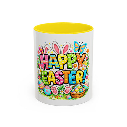 BGSM Happy Easter Coffee Mug - Colorful Bunny &amp; Egg Basket Accent Mug (11/15oz)