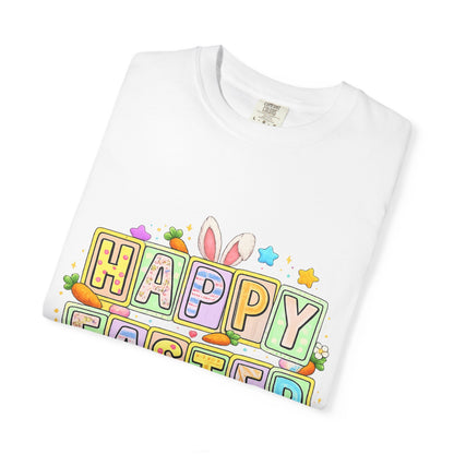 Easter Block Letter T-Shirt — "Happy Easter" Pastel Bunny &amp; Egg Graphic