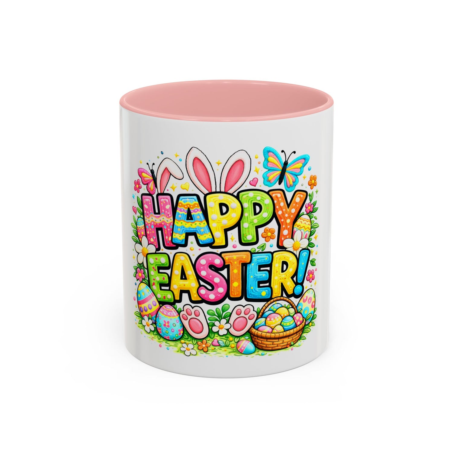 BGSM Happy Easter Coffee Mug - Colorful Bunny &amp; Egg Basket Accent Mug (11/15oz)