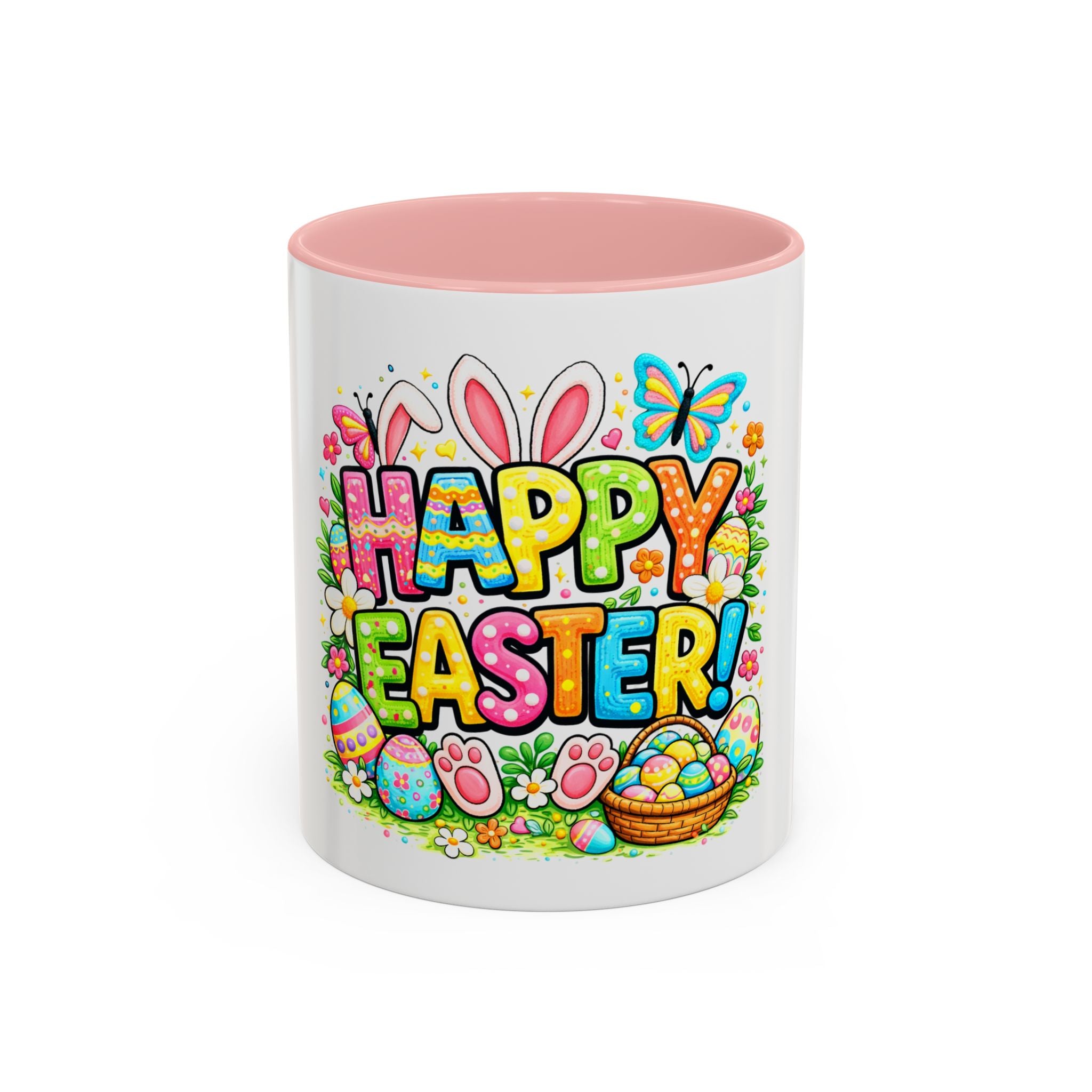 BGSM Happy Easter Coffee Mug - Colorful Bunny &amp; Egg Basket Accent Mug (11/15oz)