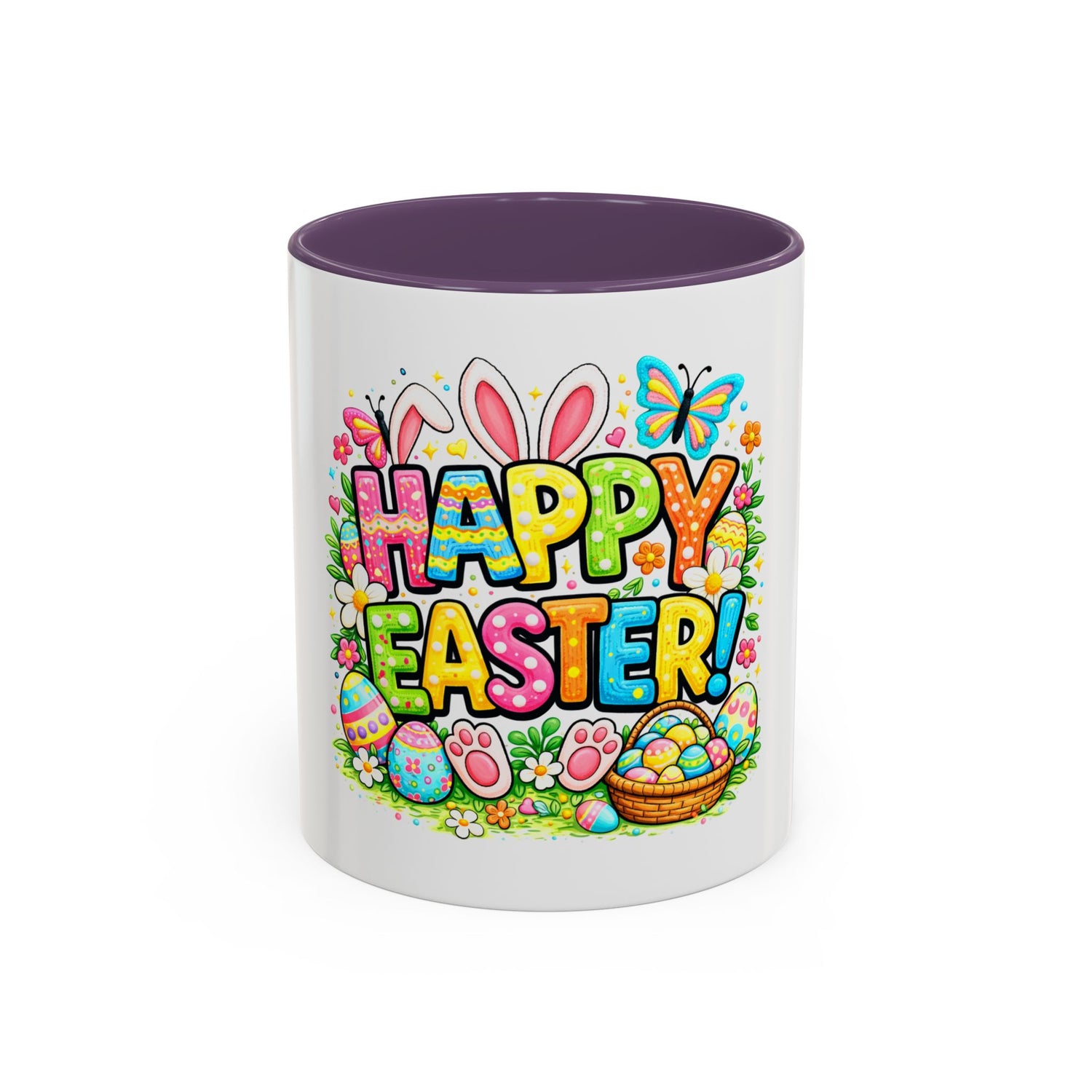BGSM Easter Coffee Mug — Colorful "Happy Easter" Bunny &amp; Eggs Accent Mug (11/15oz)