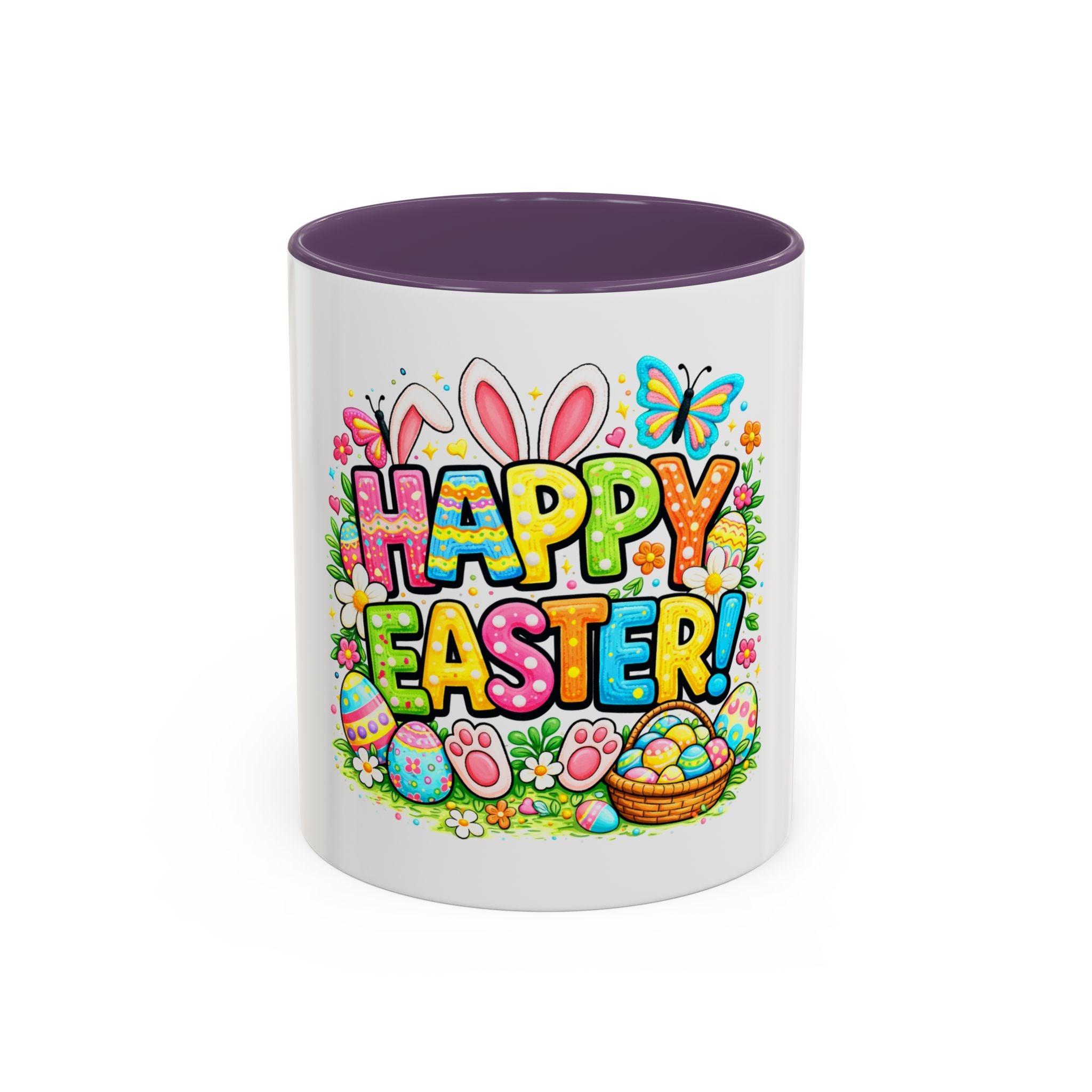 BGSM Easter Coffee Mug — Colorful "Happy Easter" Bunny &amp; Eggs Accent Mug (11/15oz)