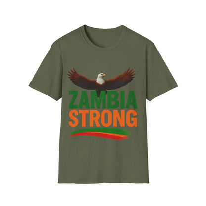 Zambia Strong T-Shirt — Patriotic Eagle with Green &amp; Orange Brushstroke