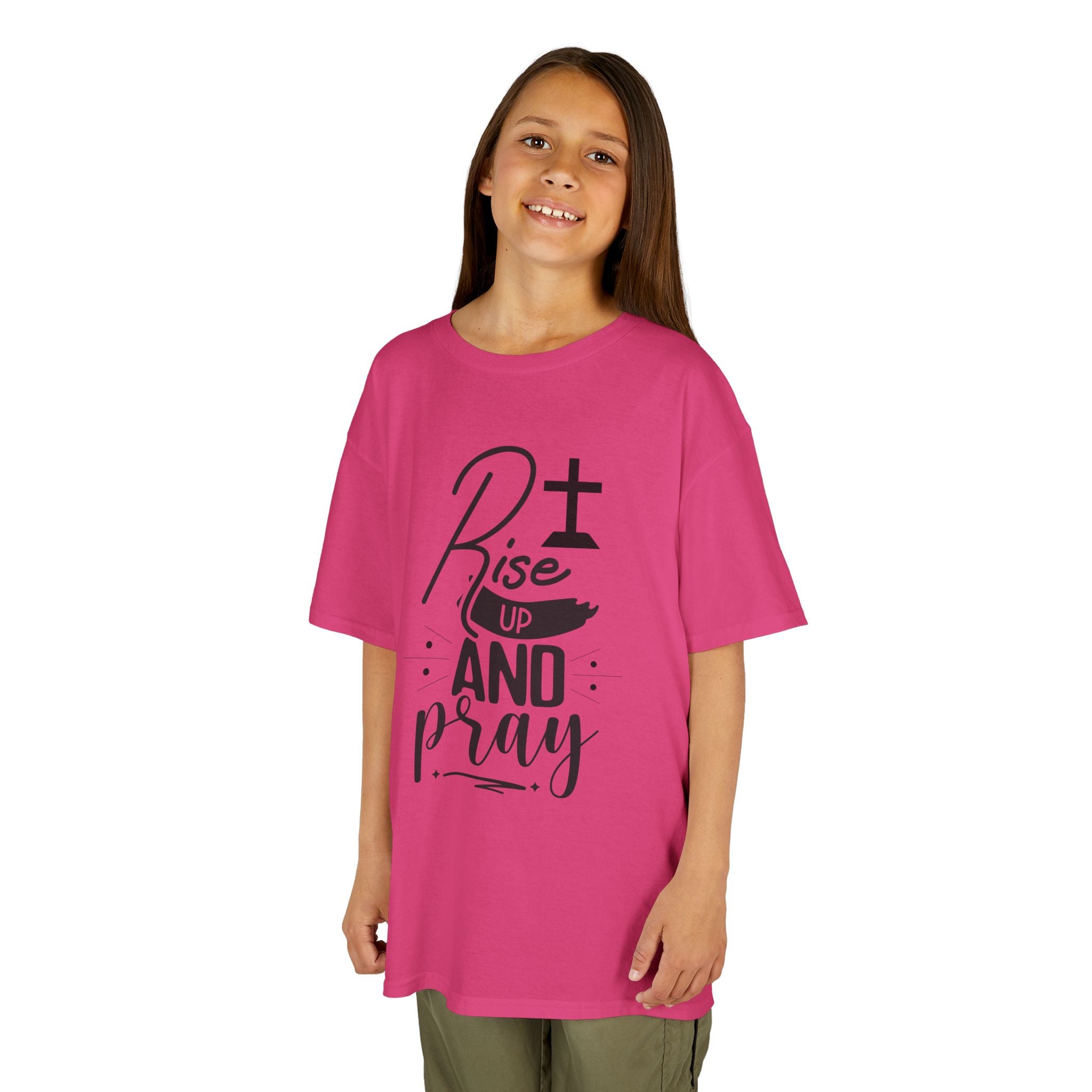 Kids Tee — "Rise Up and Pray" Christian Prayer Shirt with BGSM Back Logo