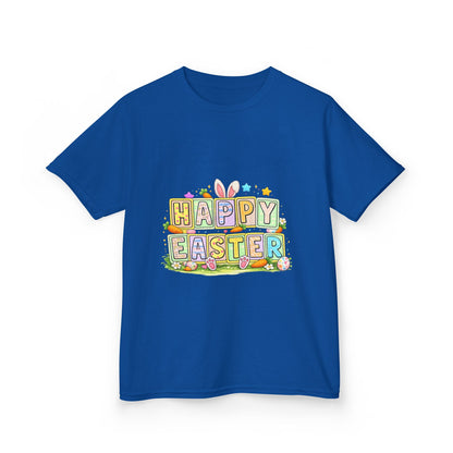 BGSM Kids T-Shirt - "Happy Easter" Colorful Block Letters Tee (Back BGSM Watercolor Accent)