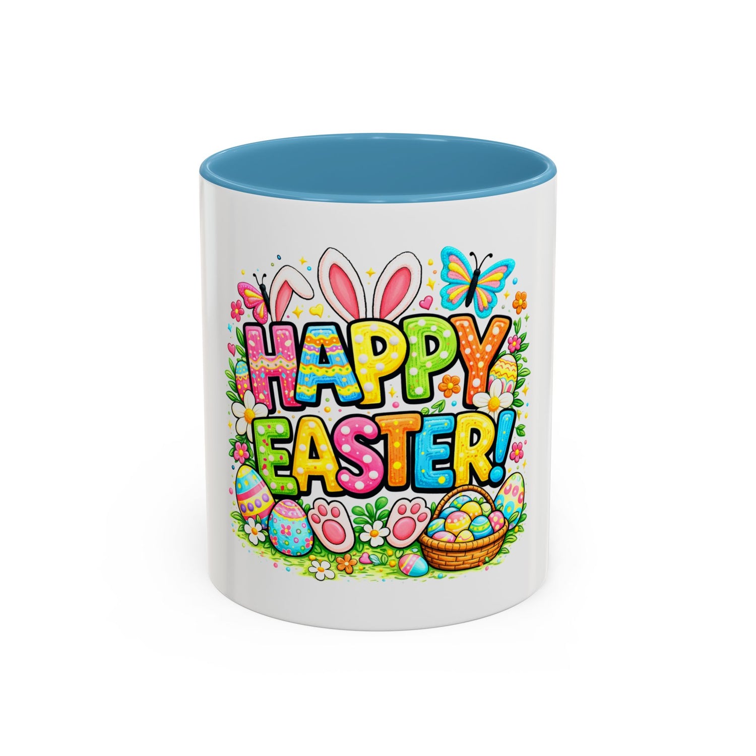 BGSM Easter Coffee Mug — Colorful "Happy Easter" Bunny &amp; Eggs Accent Mug (11/15oz)