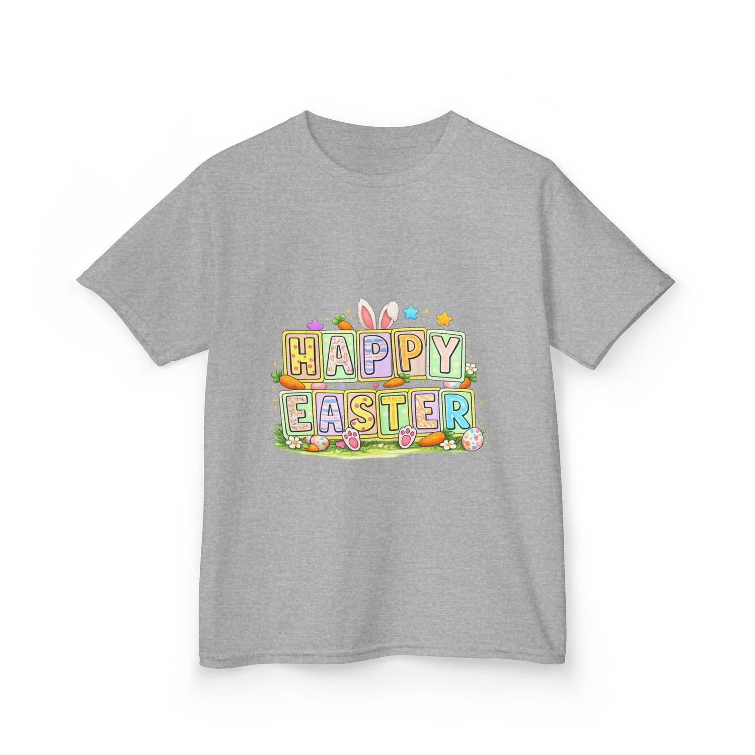 BGSM Kids T-Shirt - "Happy Easter" Colorful Block Letters Tee (Back BGSM Watercolor Accent)