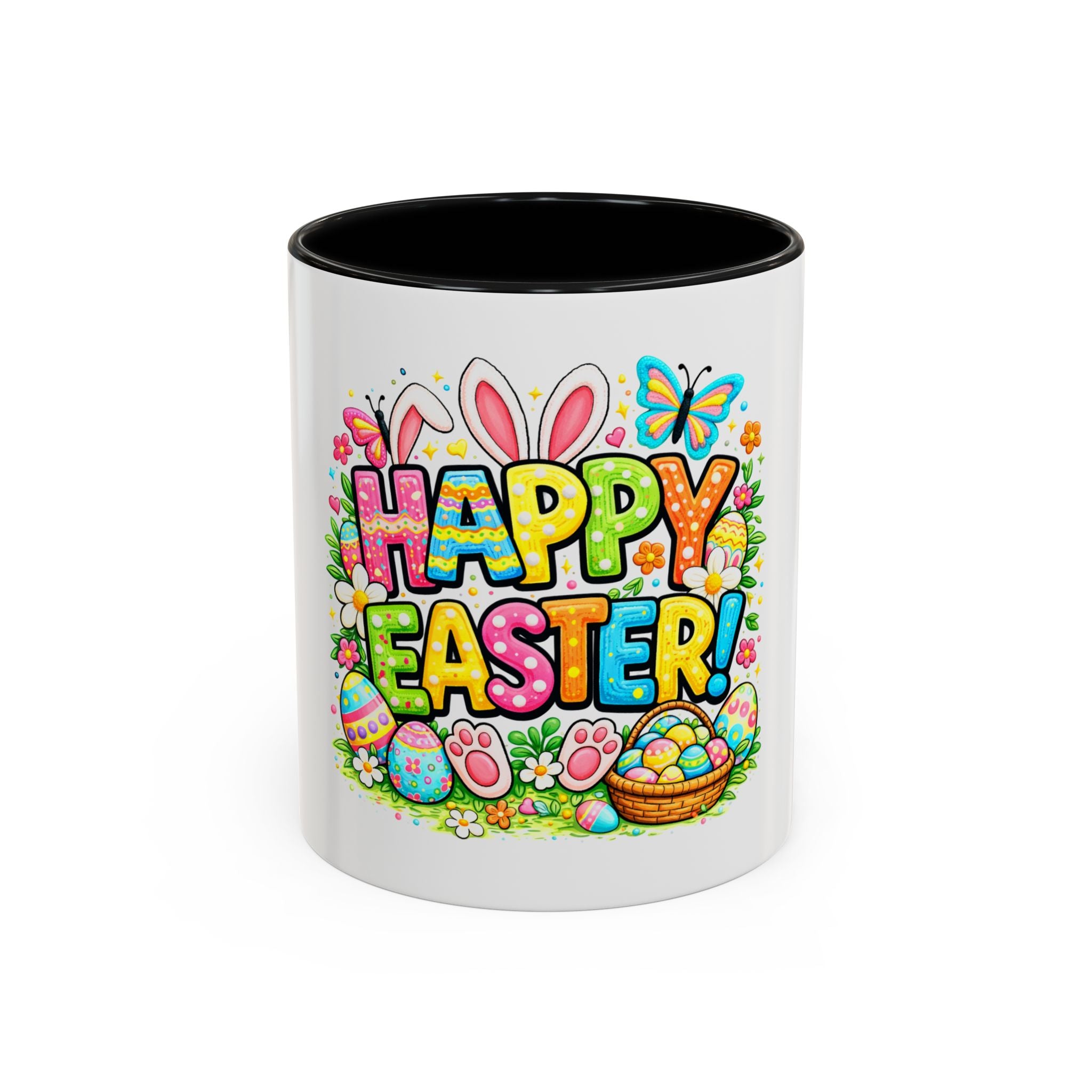 BGSM Easter Coffee Mug — Colorful "Happy Easter" Bunny &amp; Eggs Accent Mug (11/15oz)