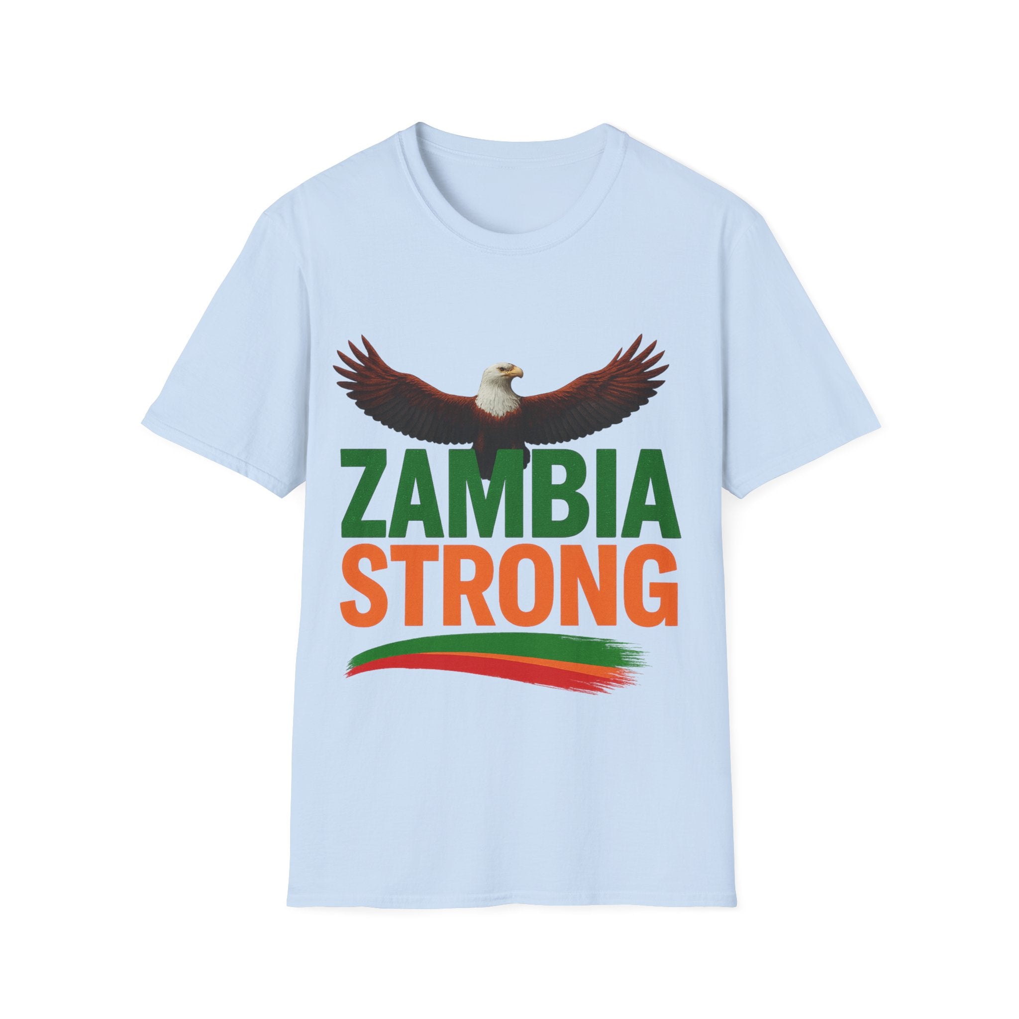 Zambia Strong T-Shirt — Patriotic Eagle with Green &amp; Orange Brushstroke
