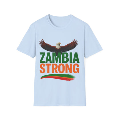 Zambia Strong T-Shirt — Patriotic Eagle with Green &amp; Orange Brushstroke