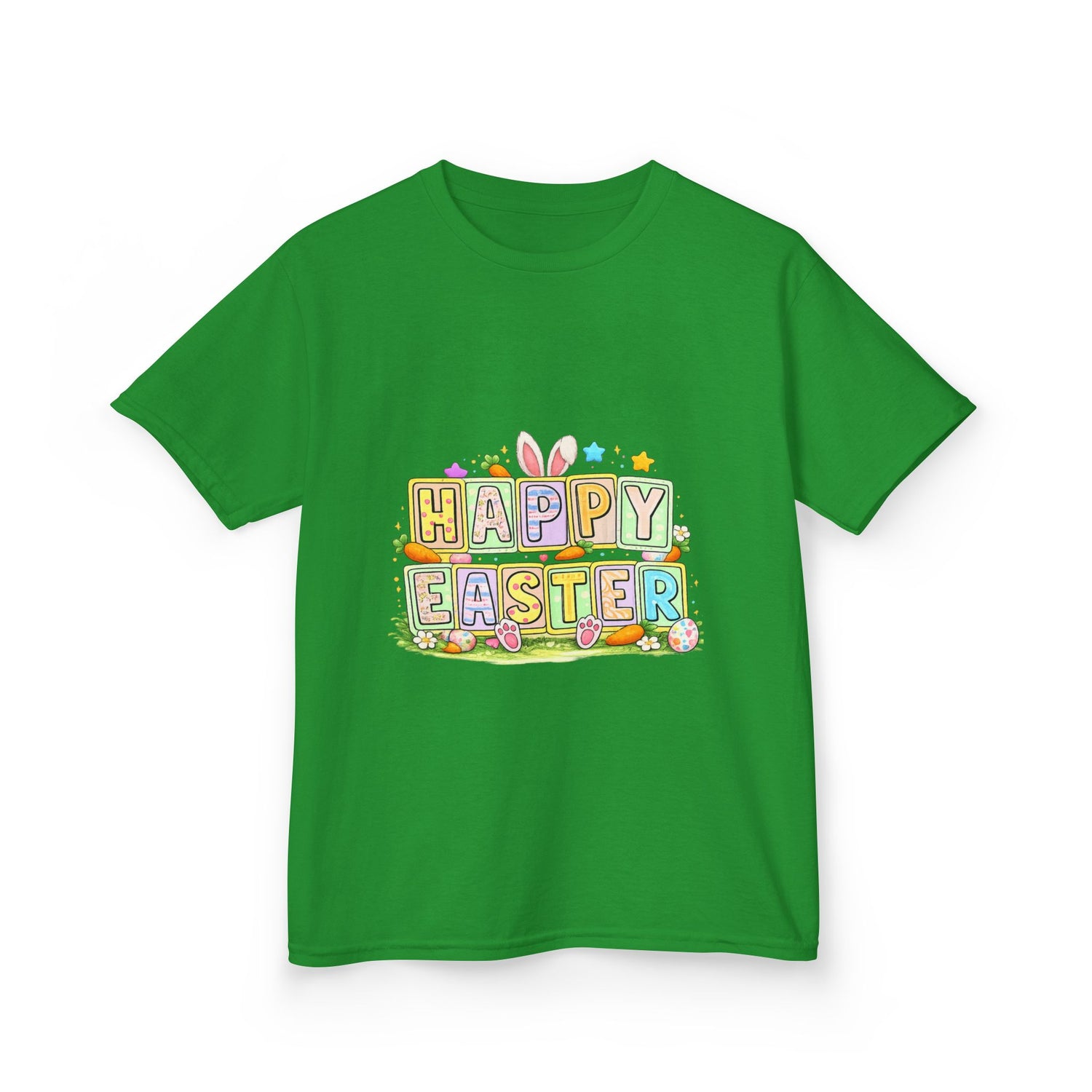 BGSM Kids T-Shirt - "Happy Easter" Colorful Block Letters Tee (Back BGSM Watercolor Accent)
