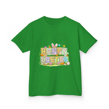 BGSM Kids T-Shirt - "Happy Easter" Colorful Block Letters Tee (Back BGSM Watercolor Accent)