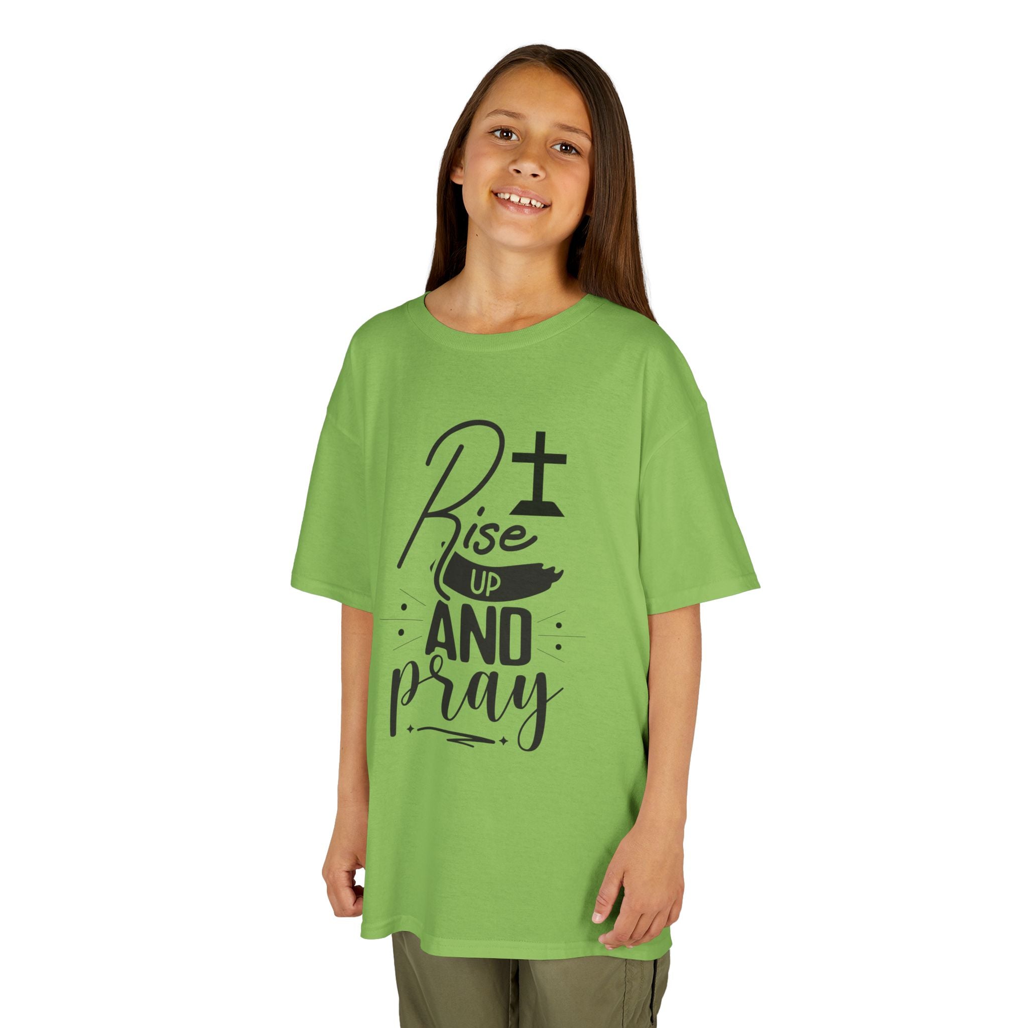 Kids Tee — "Rise Up and Pray" Christian Prayer Shirt with BGSM Back Logo