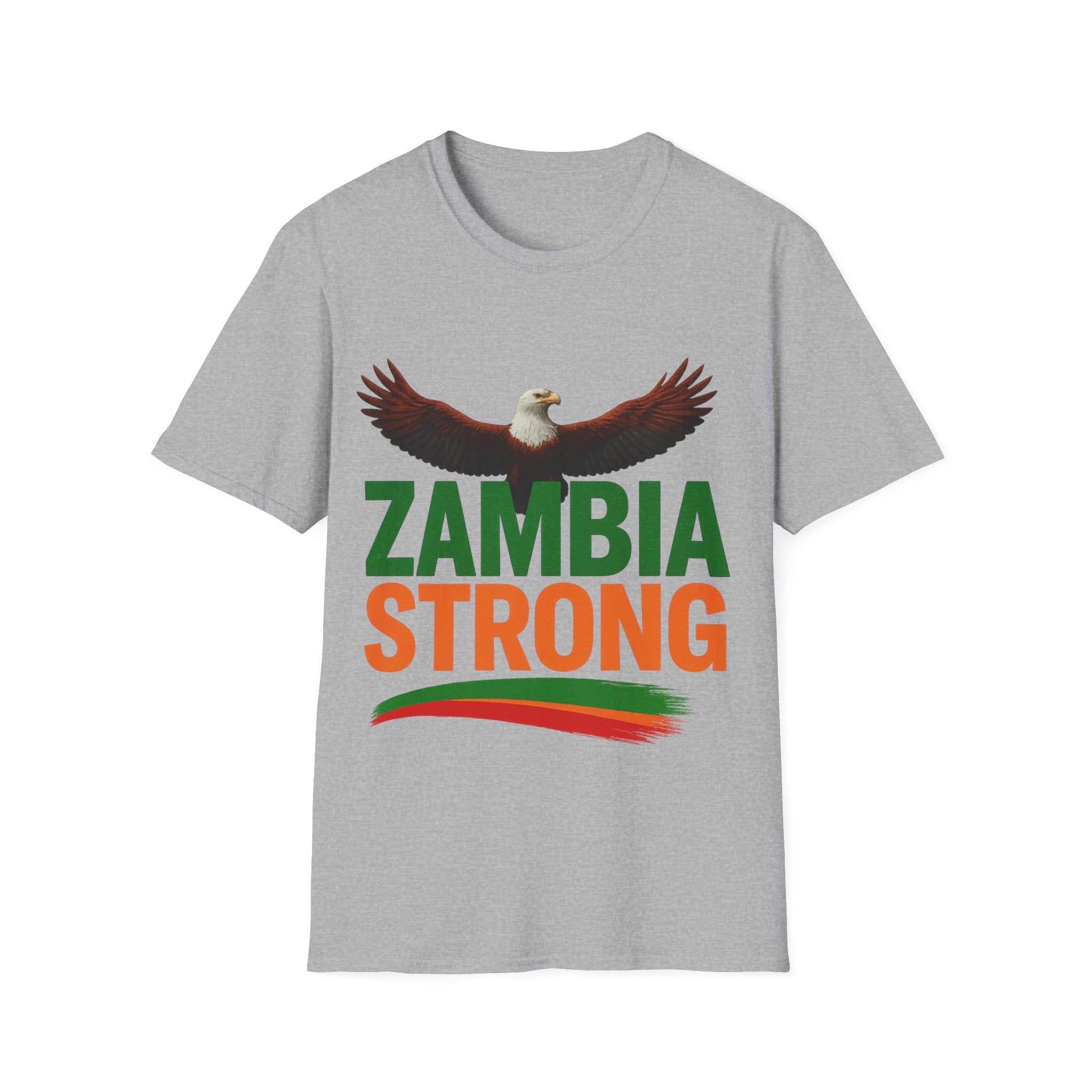 Zambia Strong T-Shirt — Patriotic Eagle with Green &amp; Orange Brushstroke