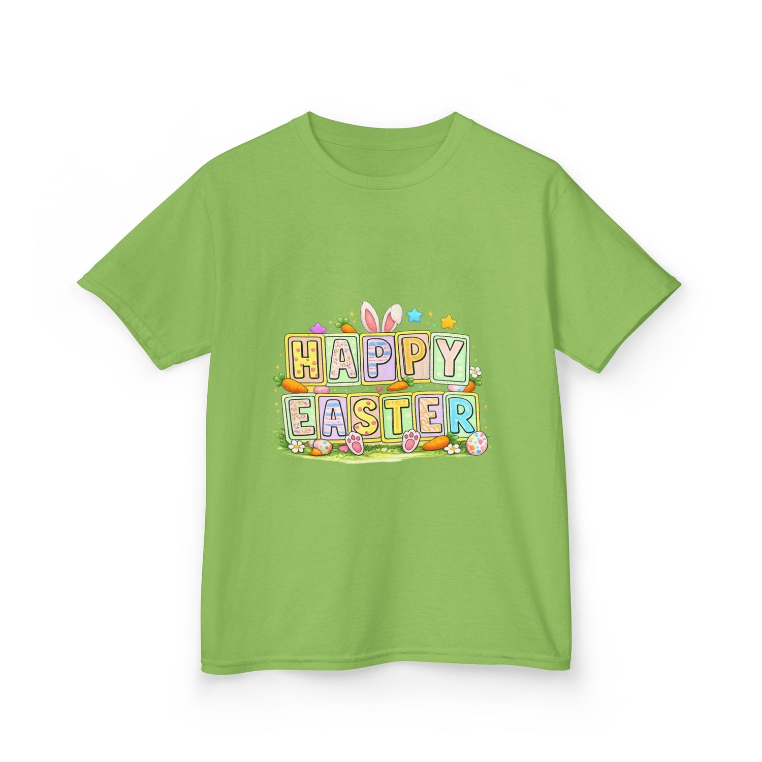 BGSM Kids T-Shirt - "Happy Easter" Colorful Block Letters Tee (Back BGSM Watercolor Accent)