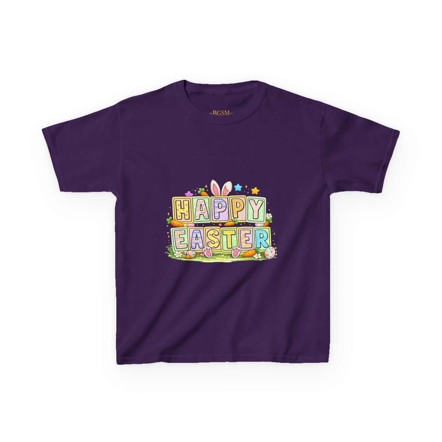 BGSM Kids T-Shirt - "Happy Easter" Colorful Block Letters Tee (Back BGSM Watercolor Accent)