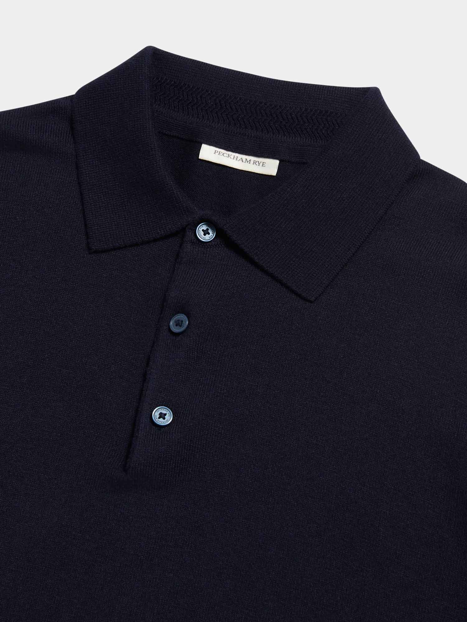 Jersey Knit Long Sleeve Polo Shirt in Dark Sapphire Navy
