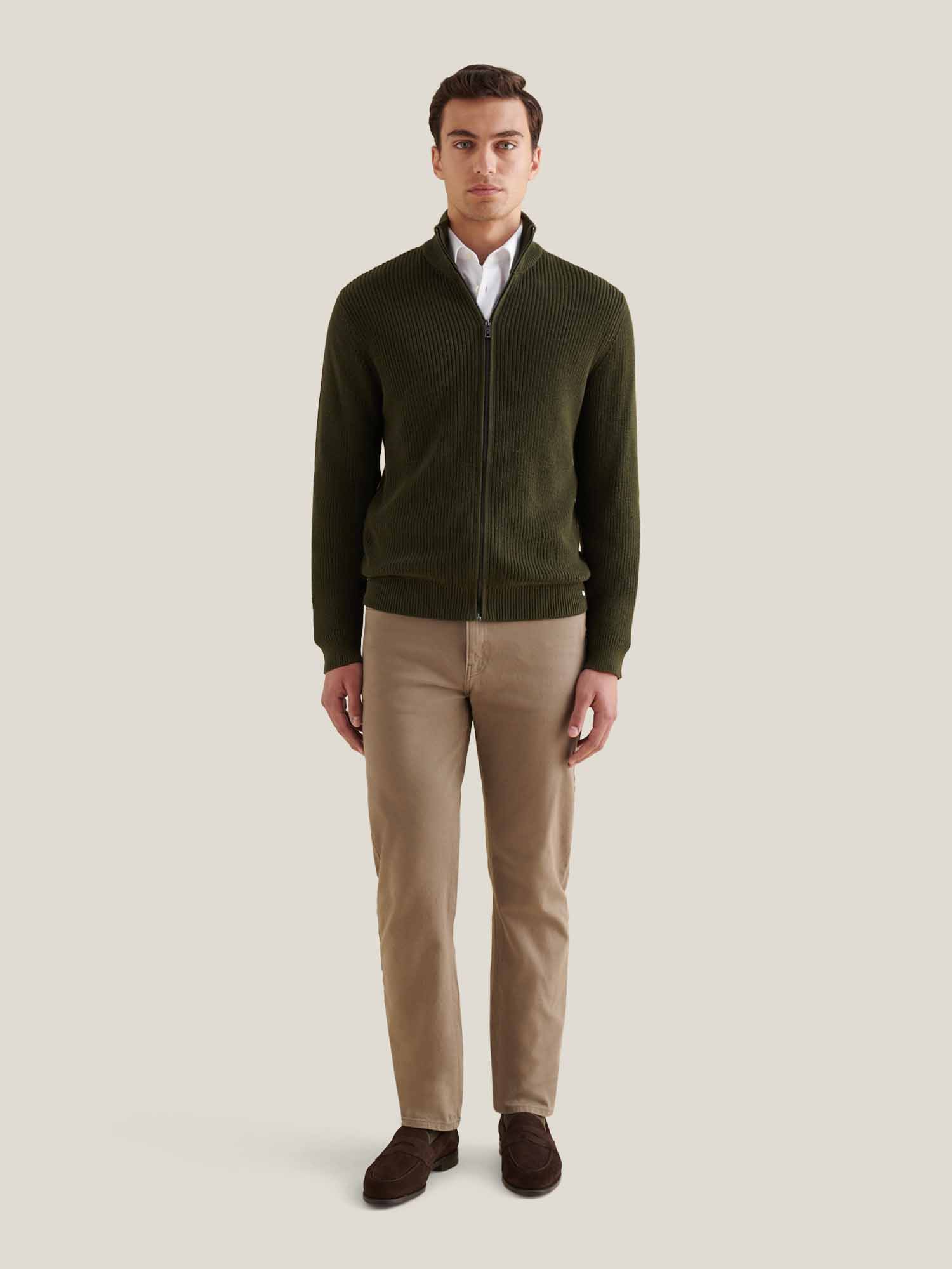 Cotton Knit Funnel-Neck Zip Cardigan in Rosin