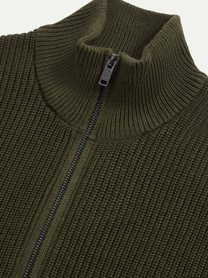 Cotton Knit Funnel-Neck Zip Cardigan in Rosin