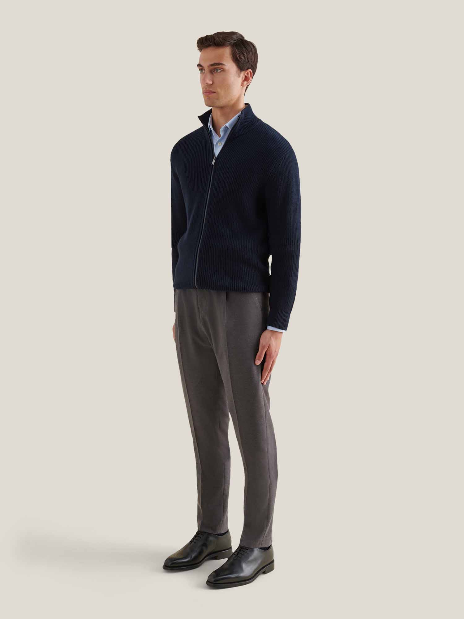 Cotton Knit Funnel-Neck Zip Cardigan in Dark Sapphire Navy