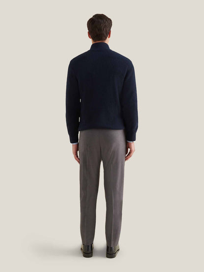 Cotton Knit Funnel-Neck Zip Cardigan in Dark Sapphire Navy
