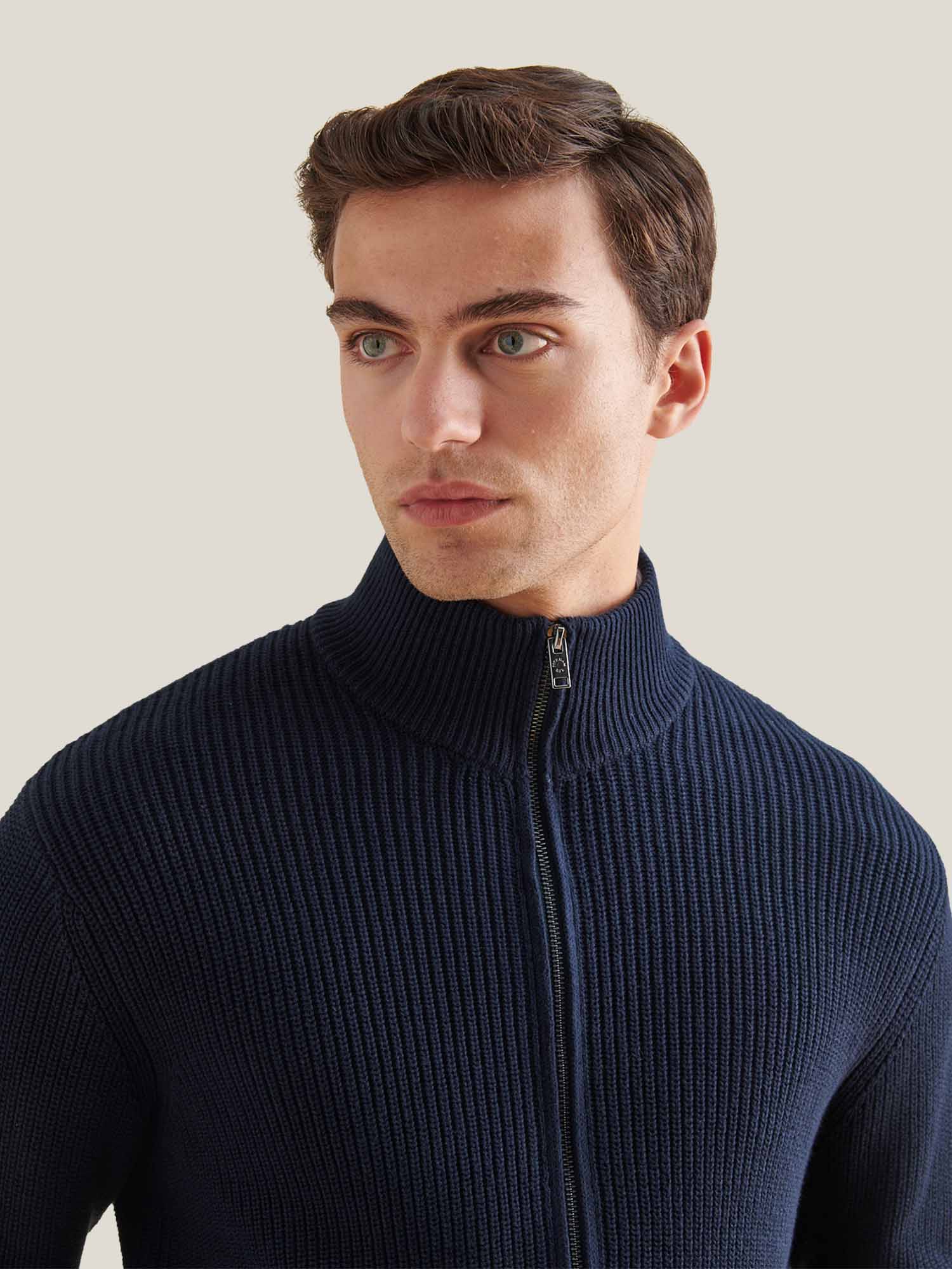Cotton Knit Funnel-Neck Zip Cardigan in Dark Sapphire Navy