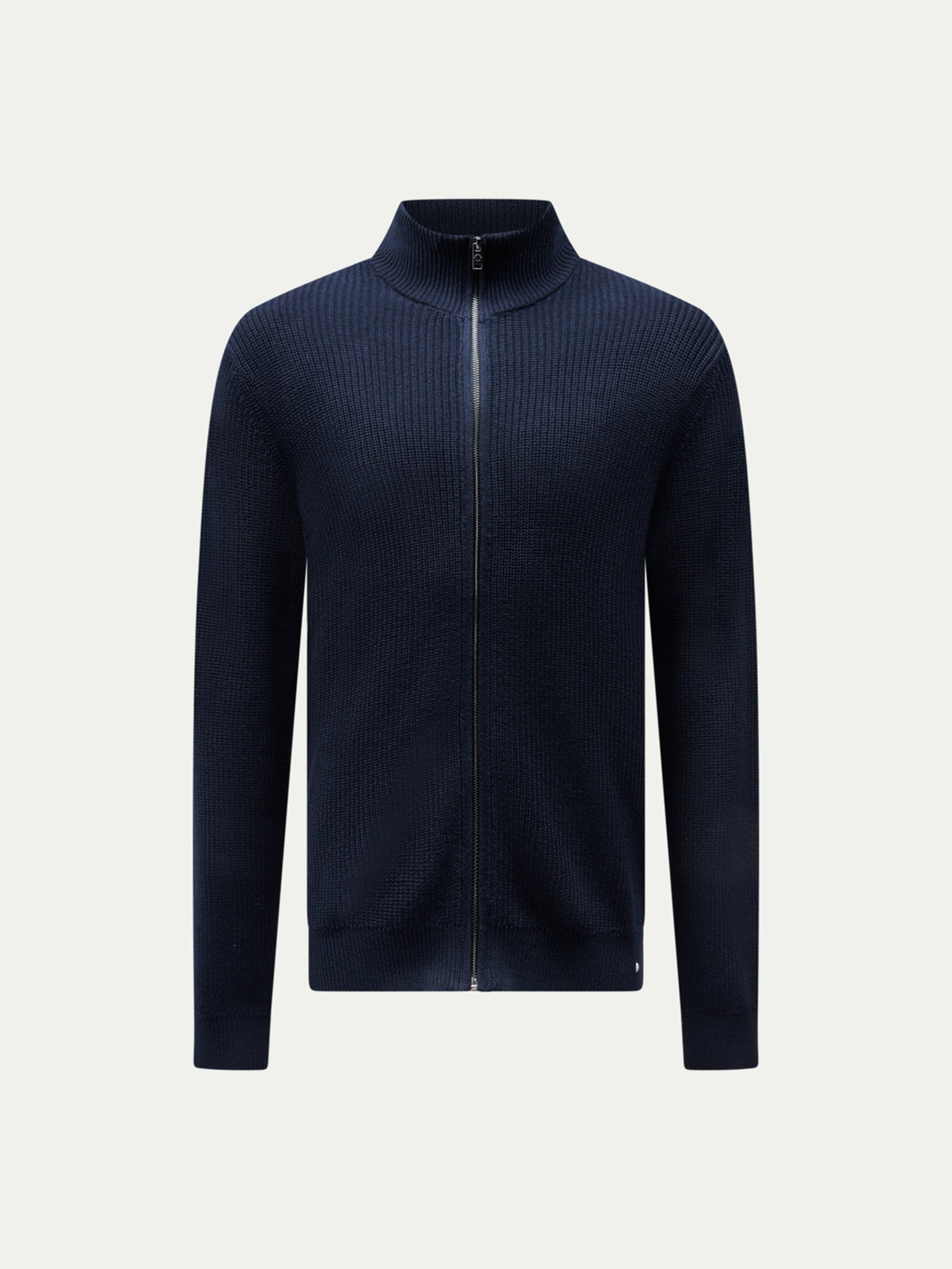 Cotton Knit Funnel-Neck Zip Cardigan in Dark Sapphire Navy