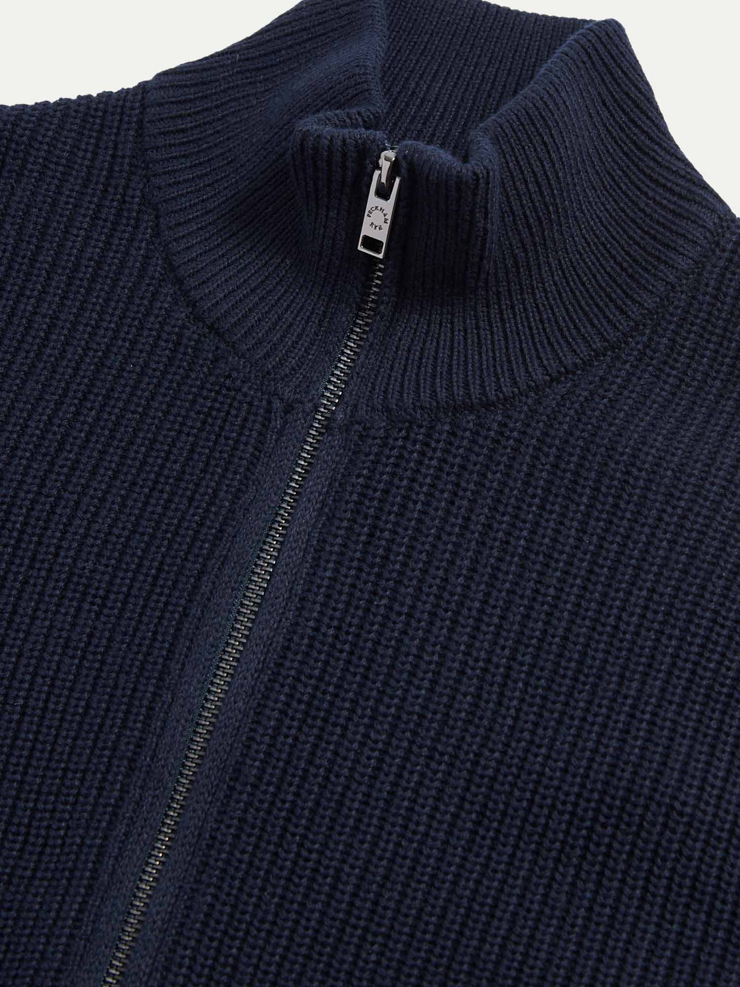 Cotton Knit Funnel-Neck Zip Cardigan in Dark Sapphire Navy