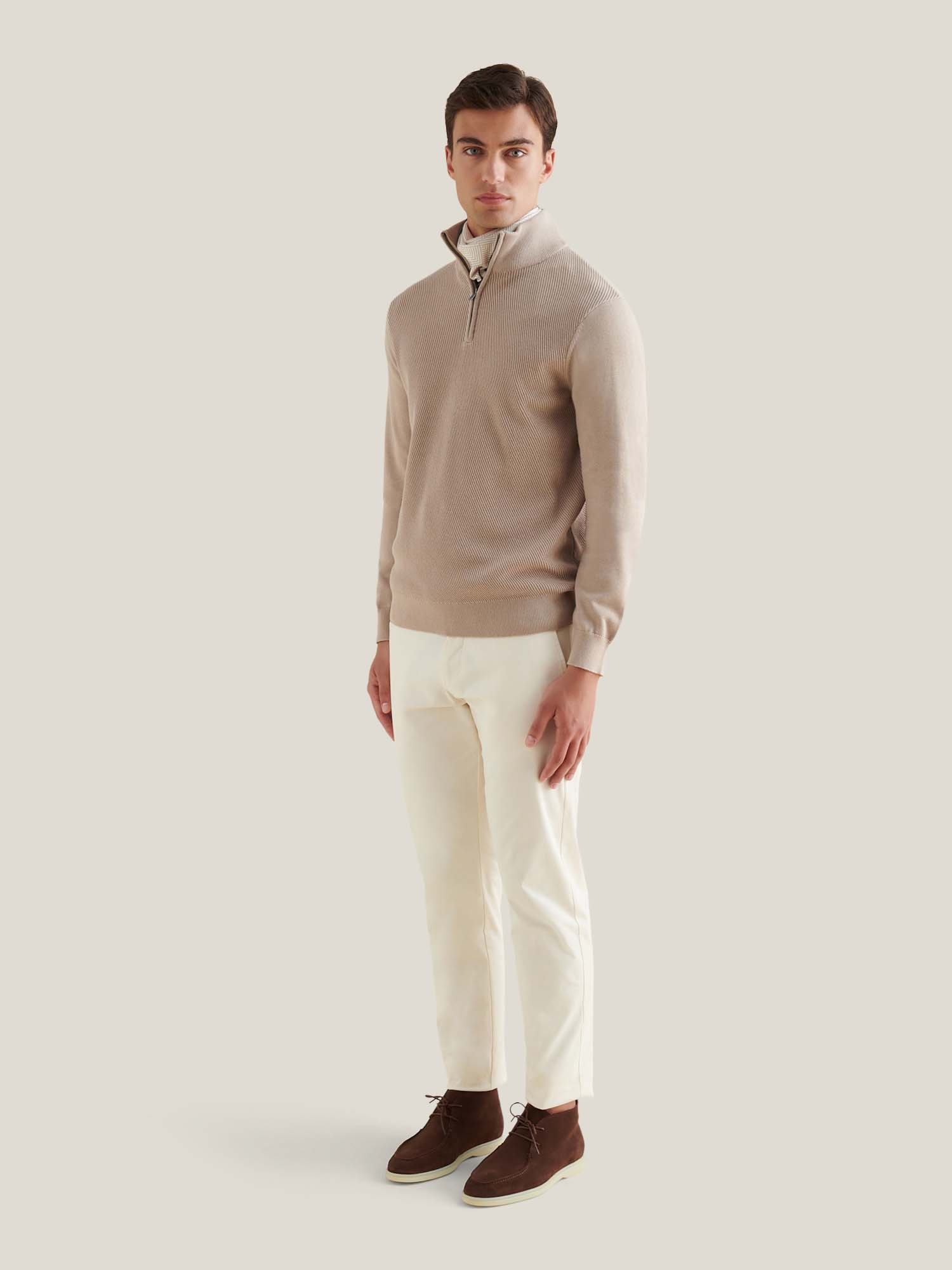Cotton Blend Rib Knit ¼ Zip in Simply Taupe