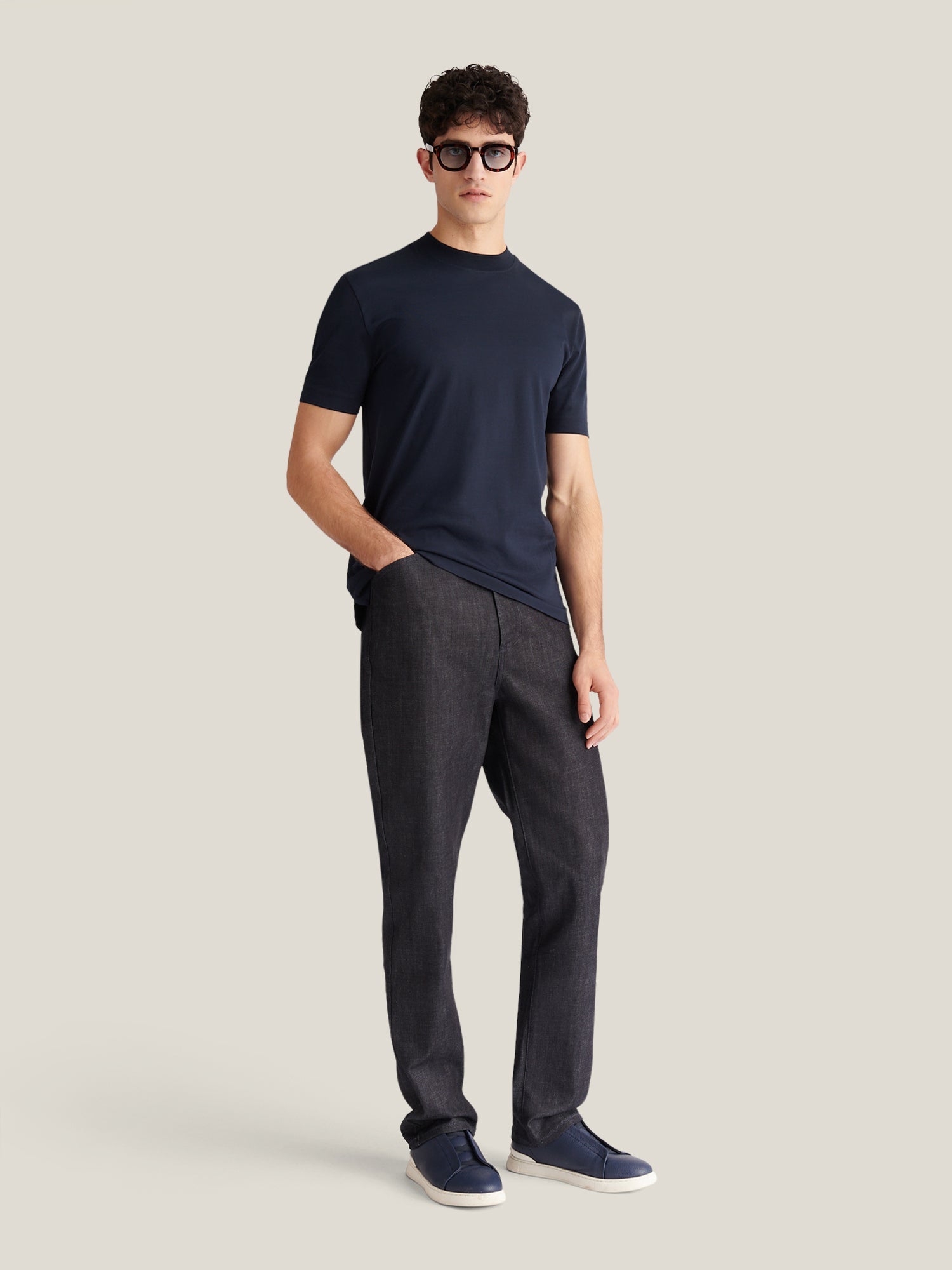 Devonshire Mercerised Cotton T-Shirt in Dark Sapphire Navy